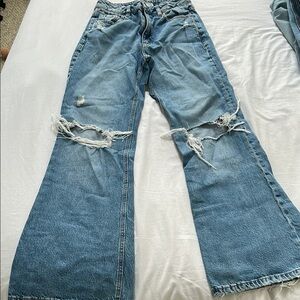Garage Blue Flare Wide Leg Jeans with Distressed Knees